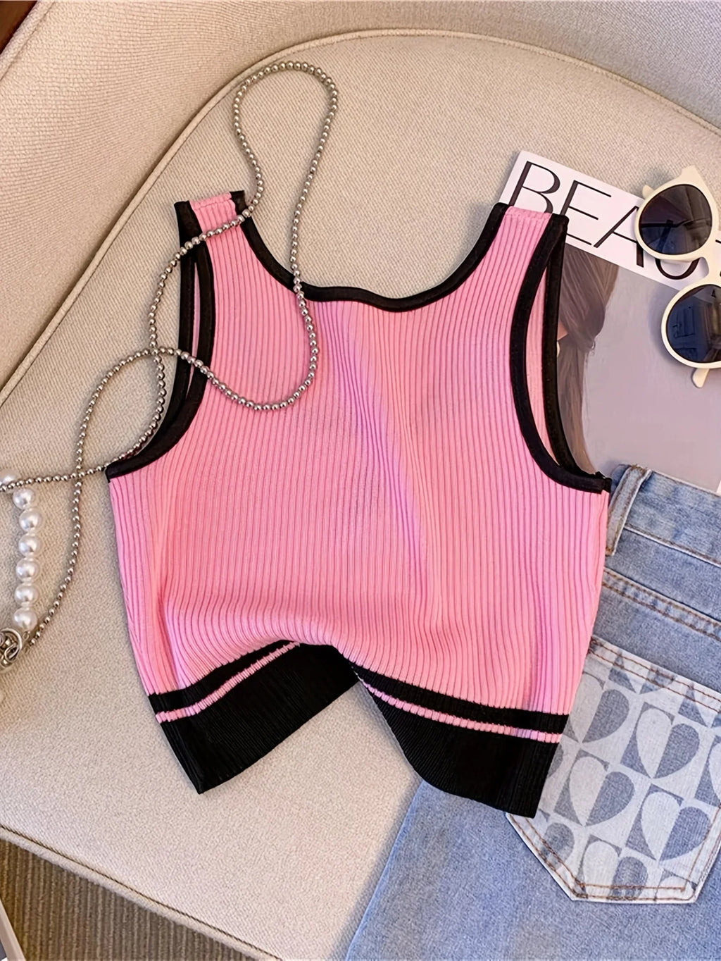 Letter Rib Crop Tank – Casual Colorblock Top for Women