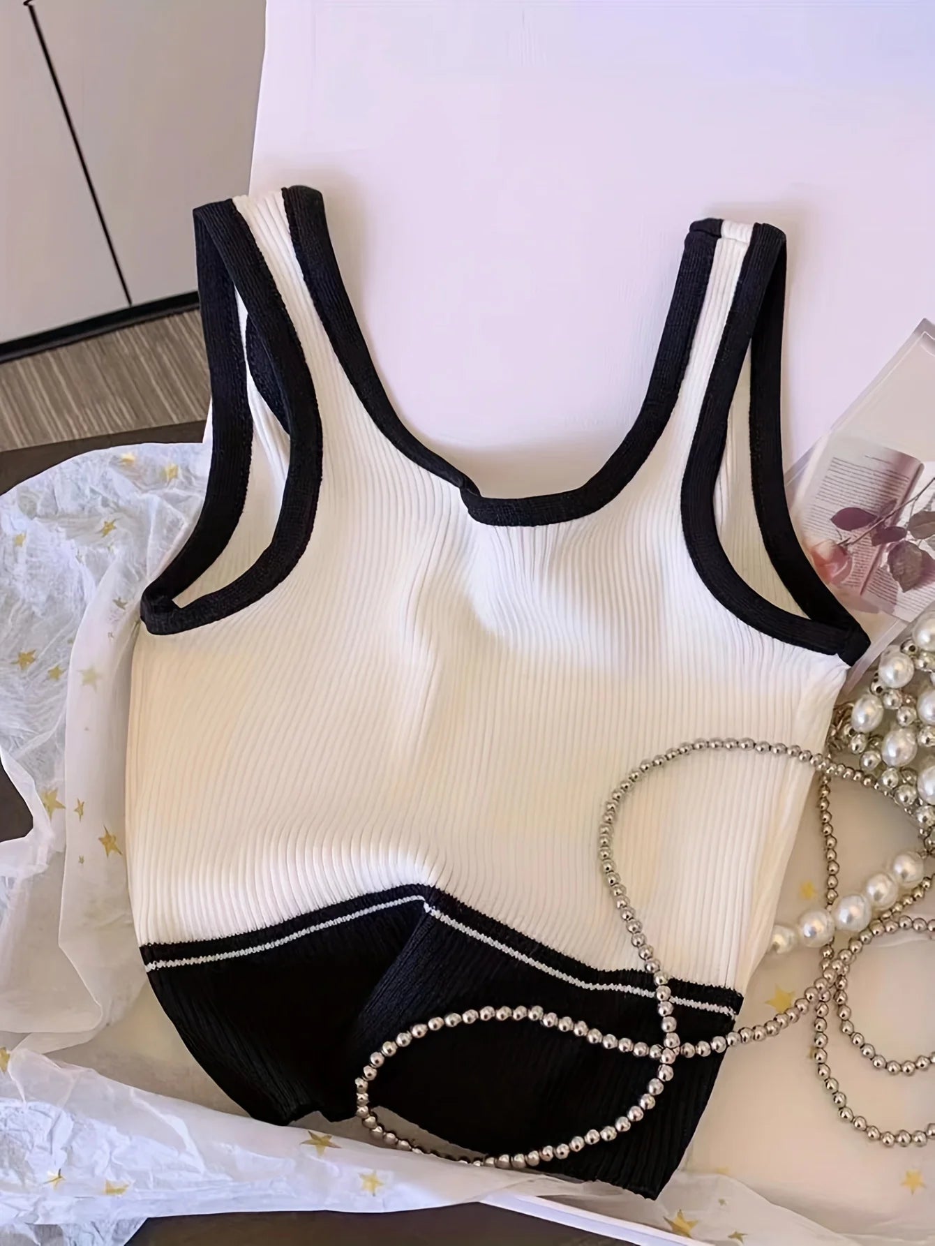 Letter Rib Crop Tank – Casual Colorblock Top for Women