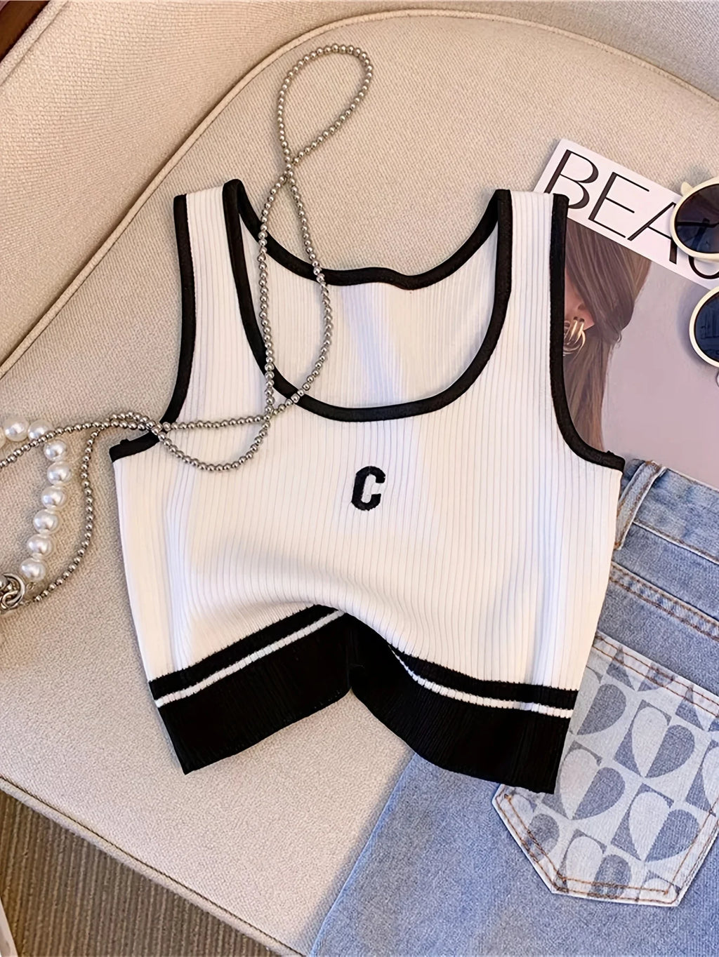 Letter Rib Crop Tank – Casual Colorblock Top for Women